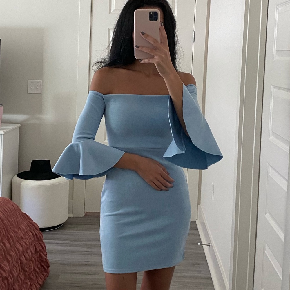 Strapless Baby Blue Suede-like Mini Dress with Ruffle Sleeves